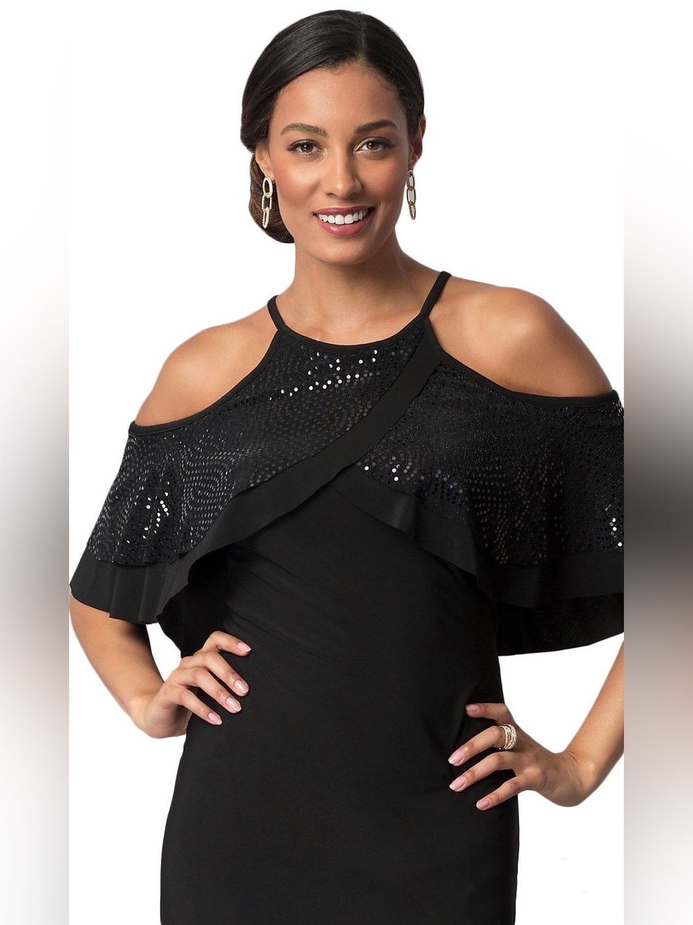 NWT R&M Richards Black Cold Shoulder Bolero Black/Silver Halter Dress Size 6P